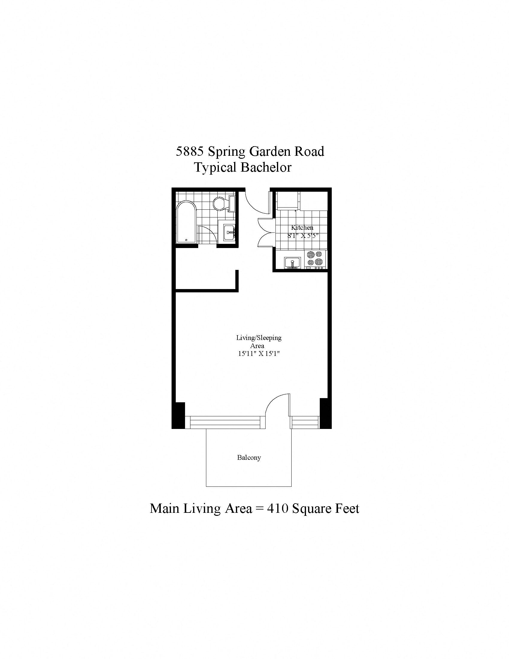 Floor plan for studio, 1 bath, 410 sqft
